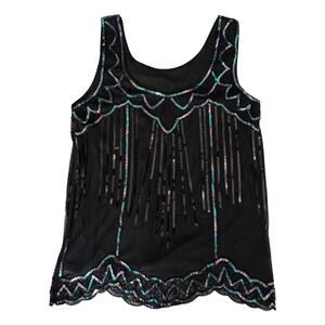 Vintage Style Y2K Beaded Sequin Fringe Top Flapper Gatsby Art Deco M Black